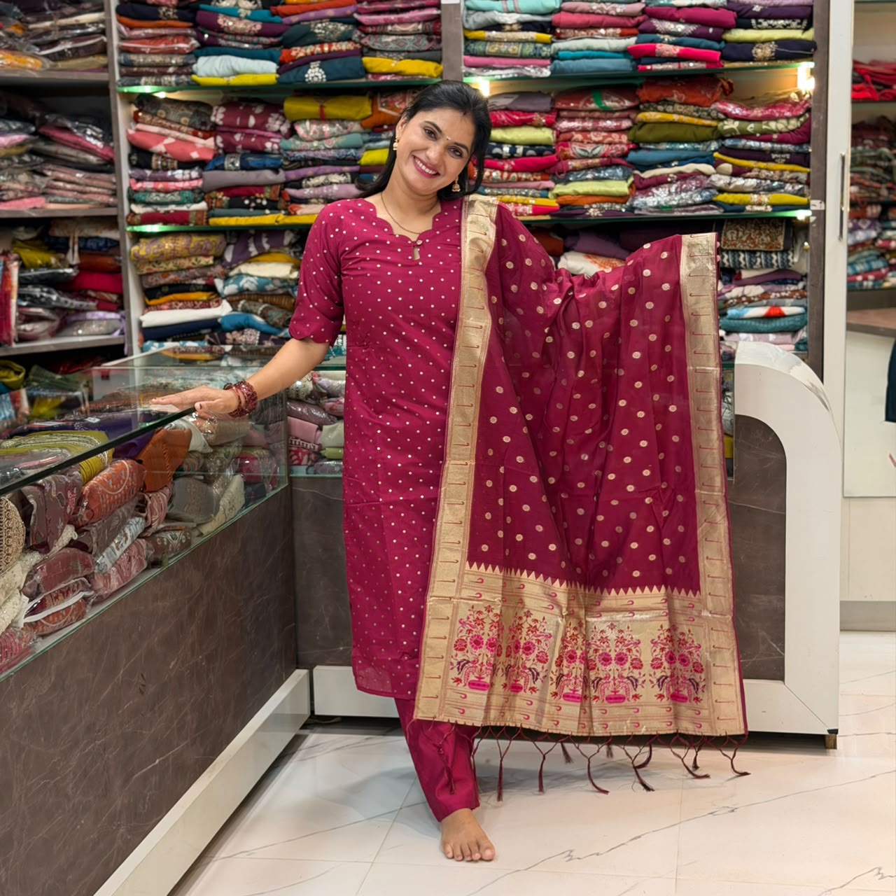 Chanderi cotton Paithani 3 Piece Dress Set