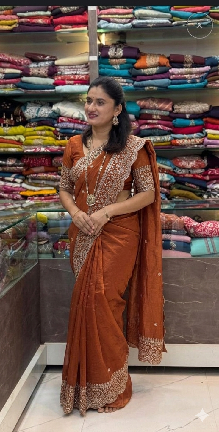 Soft and moss party wear saree_Rust Orange