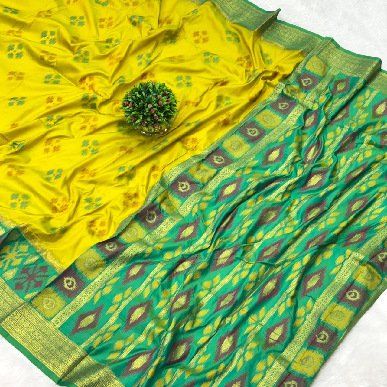 Authentic Handloom Ikat Silk Saree-  lemon yellow