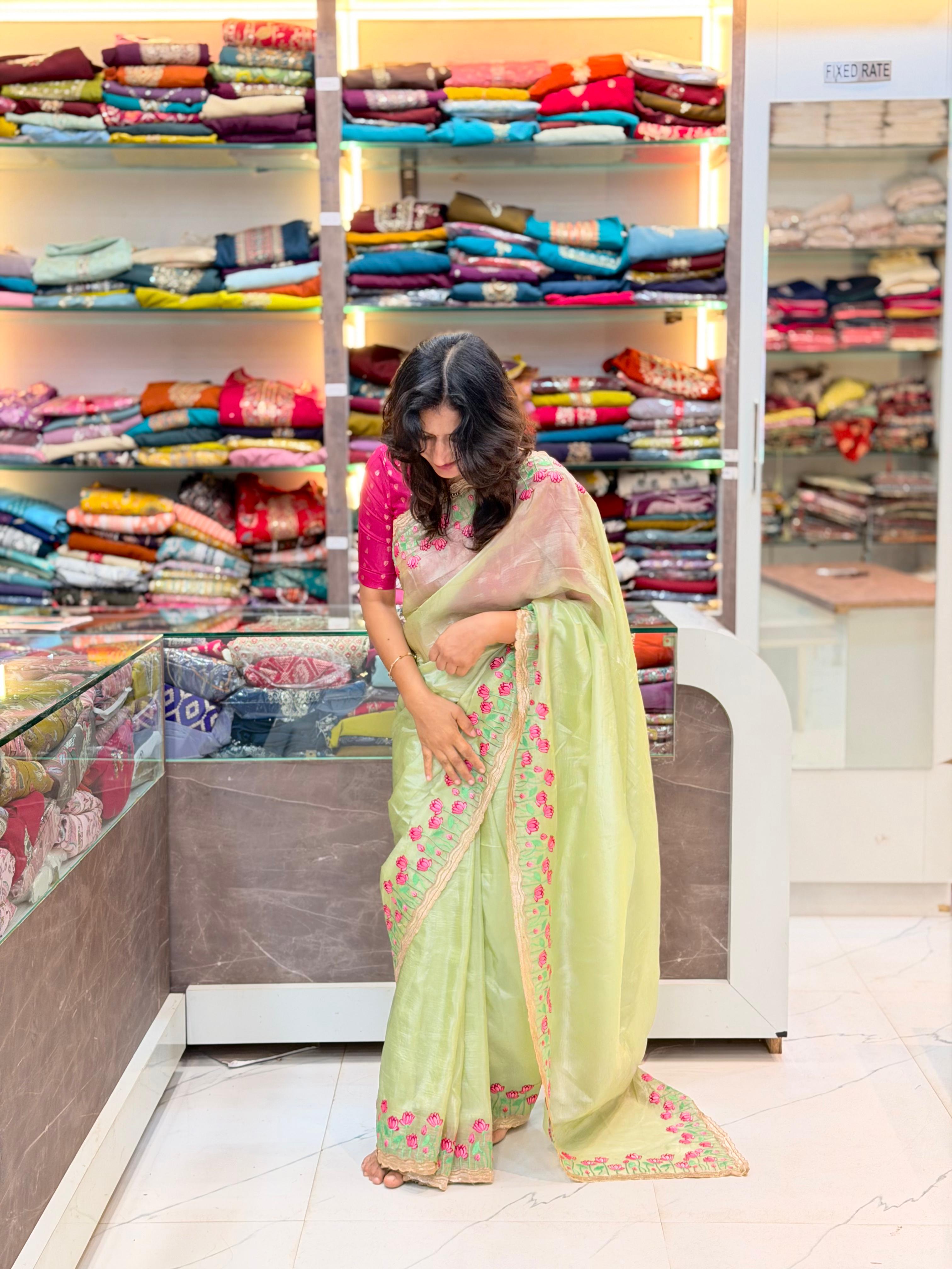 Crepe Tissue Designer Saree_Pista