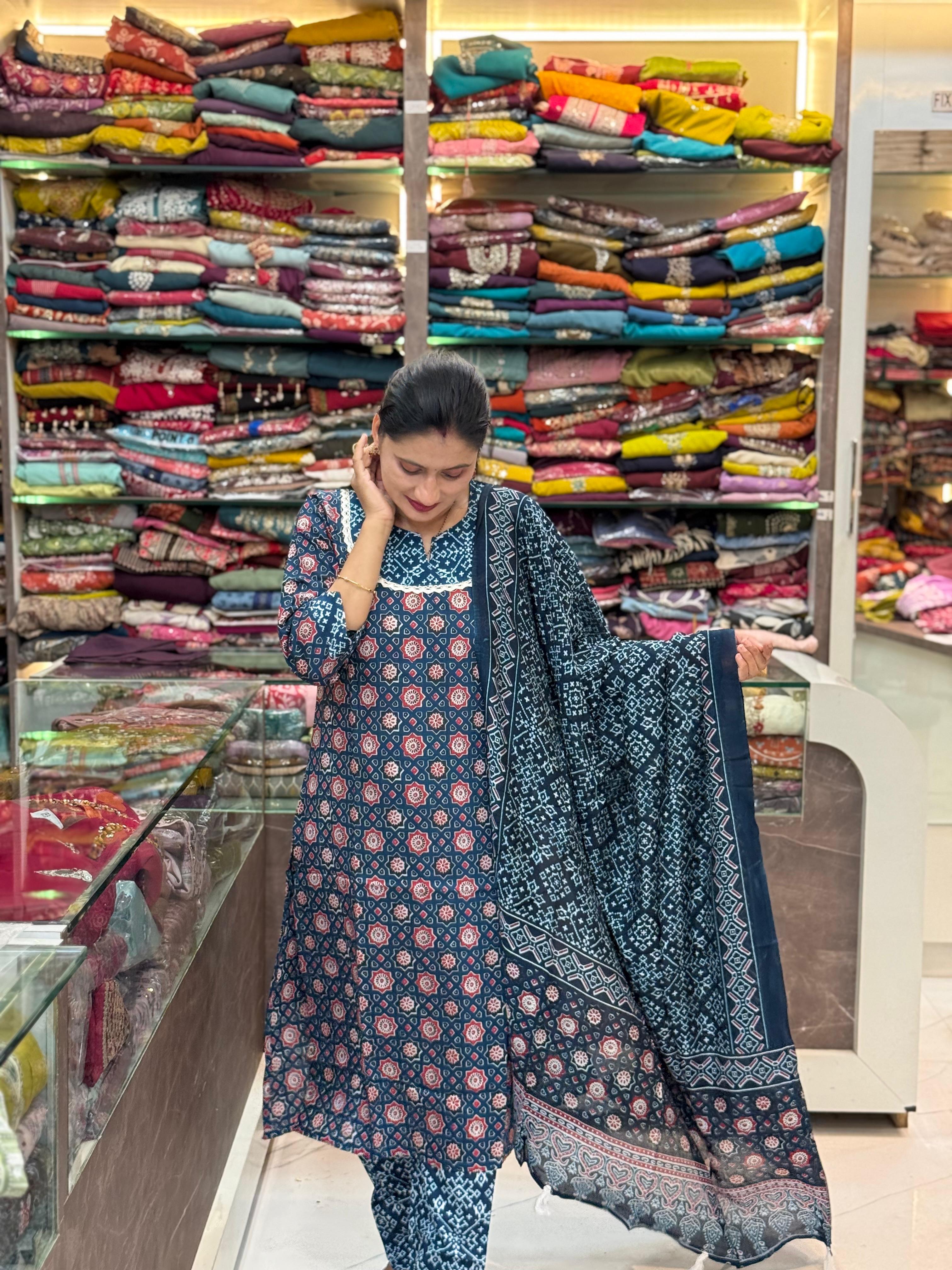 Ajarak print silk touch fabric - Blue shade