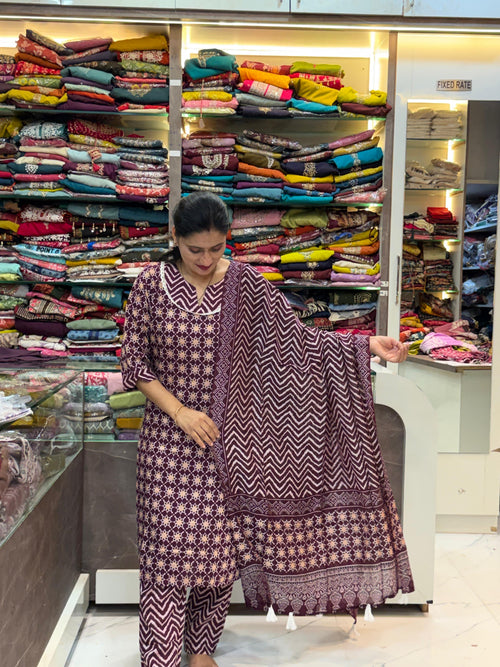 Ajarak print silk touch fabric - Purple  Shade