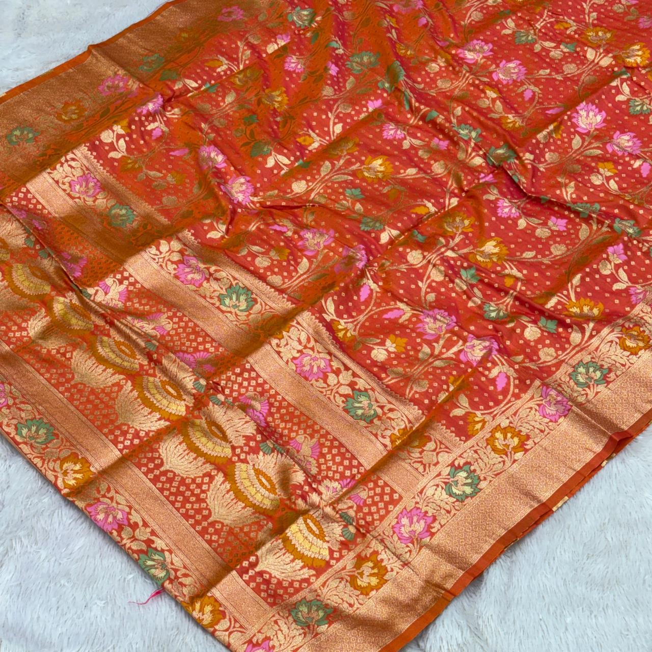 Banarasi jal design saree-  Orange