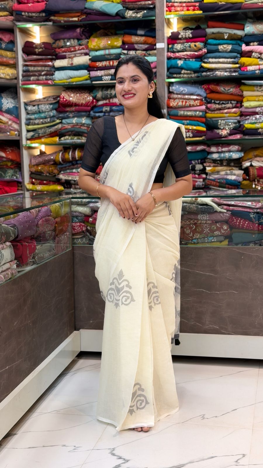 Printed cotton linen saree