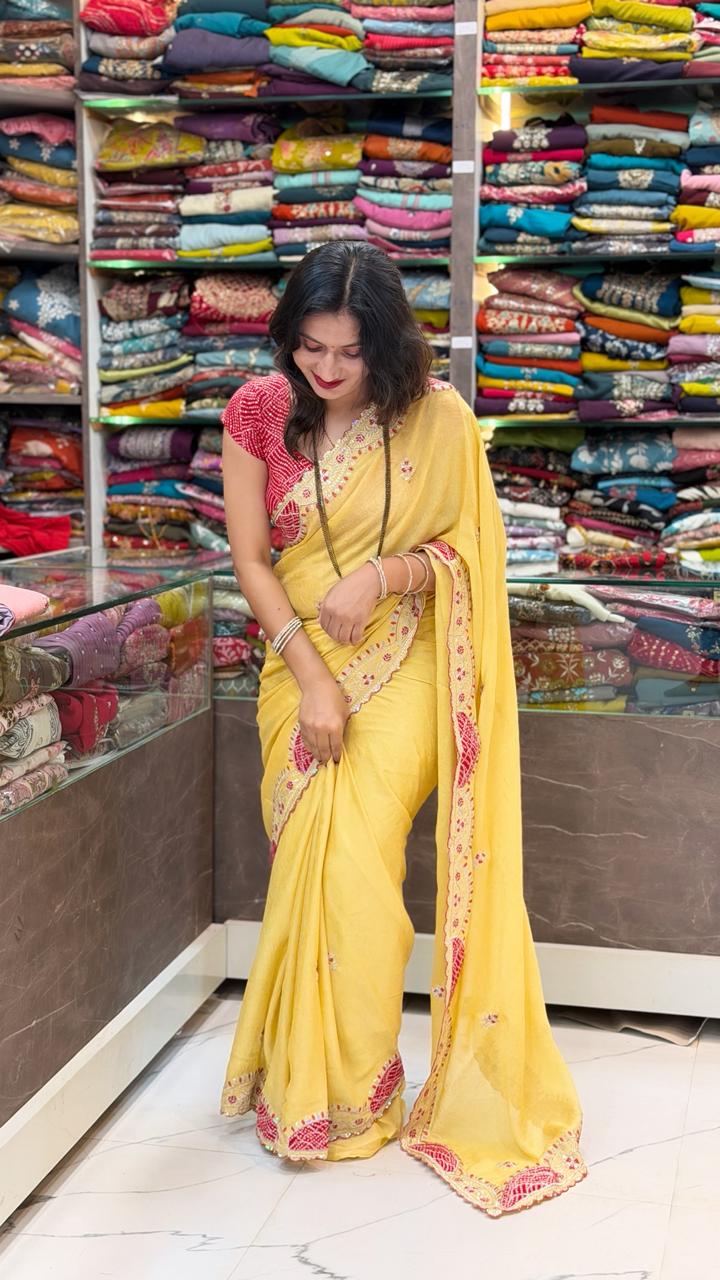 Marbal shiffon saree- Yellow