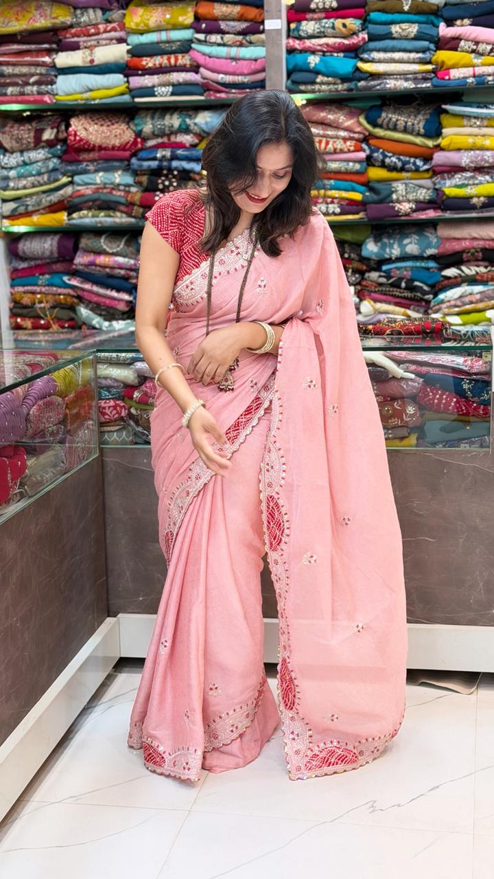 Marbal shiffon saree- Pink