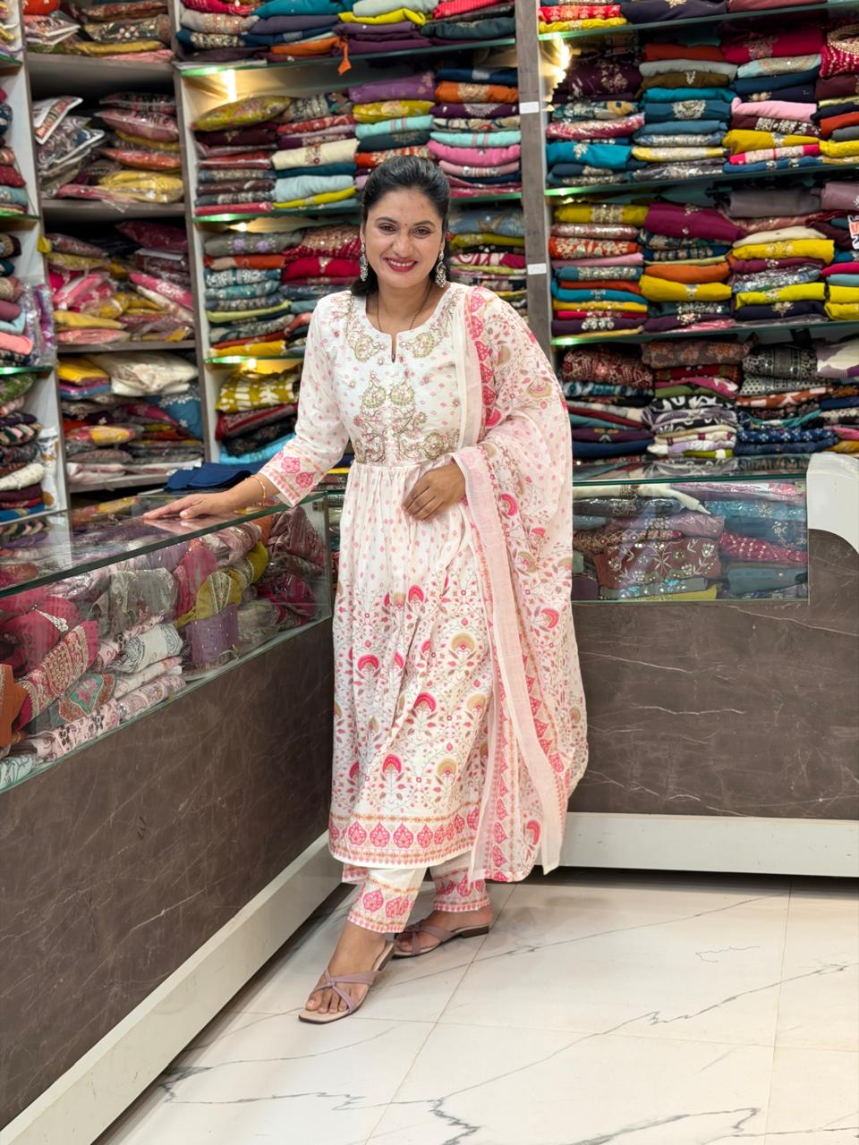 Nitya 3 pice dress set - Off White and pink shade