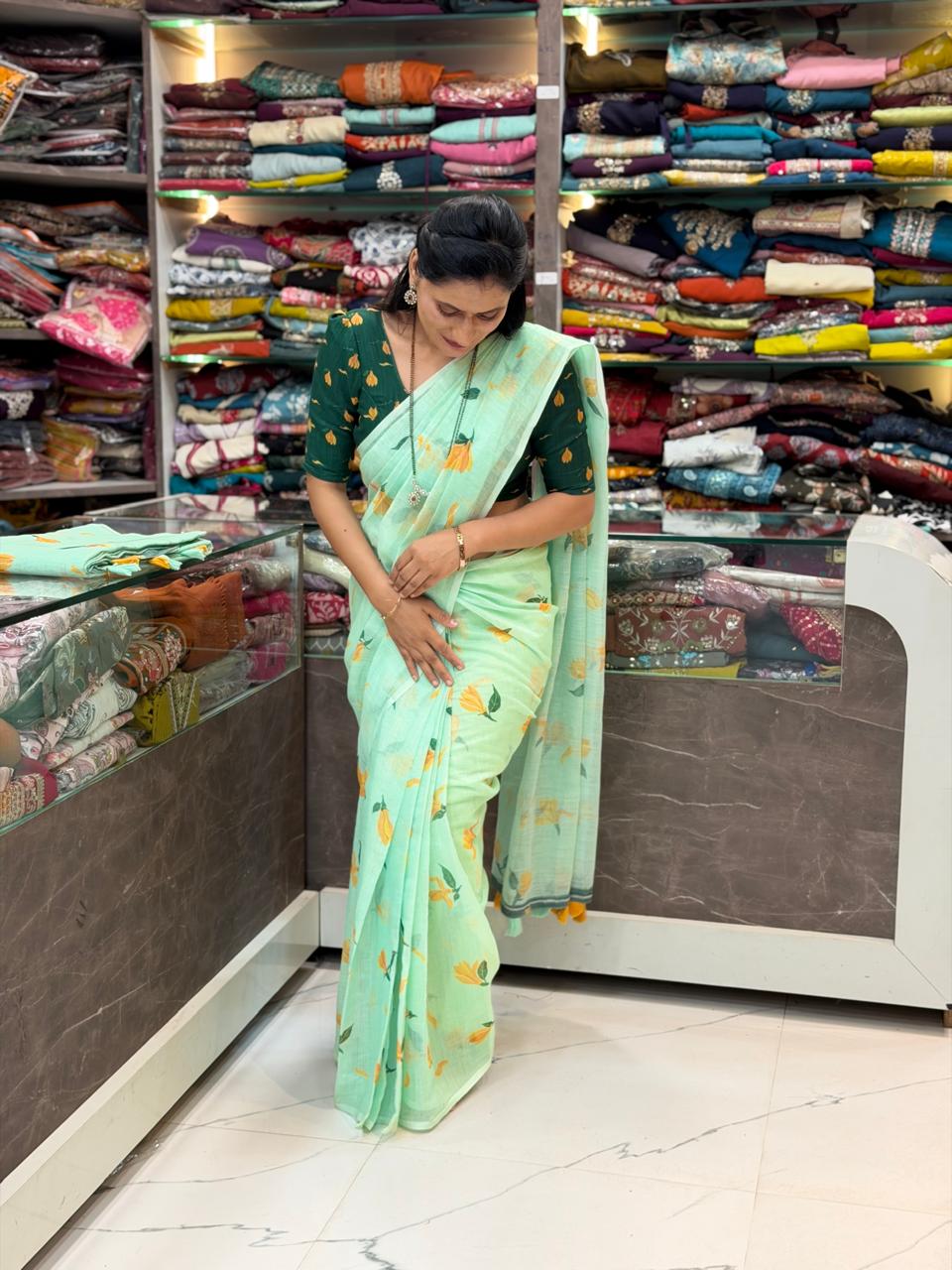 Sonchafa Cotton Linen Saree- Pista