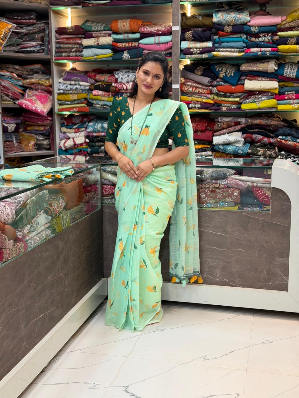 Sonchafa Cotton Linen Saree- Pista