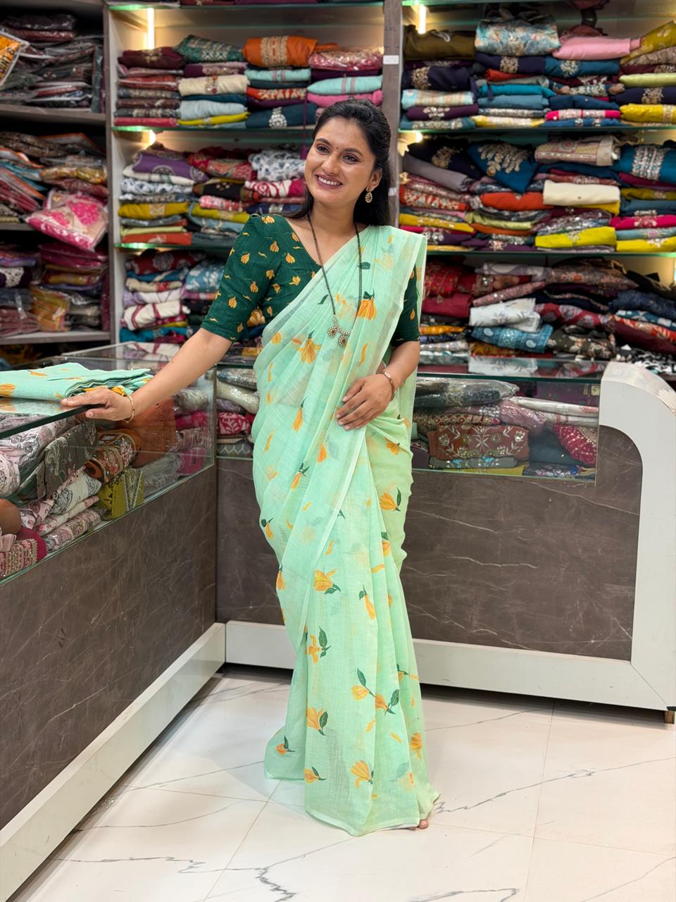Sonchafa Cotton Linen Saree- Pista