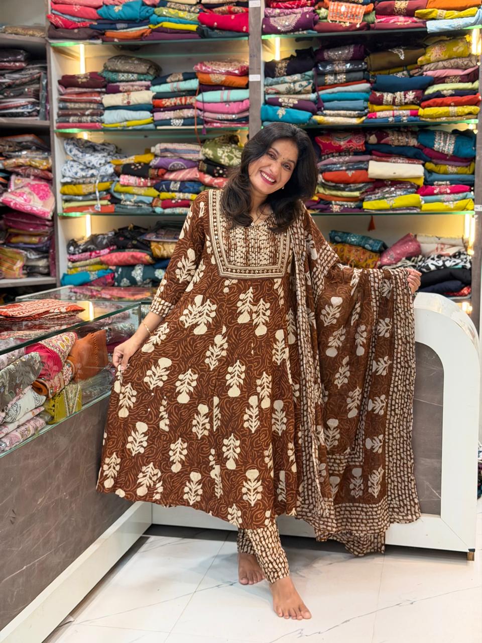 Patchwork design dress set -  Choclate