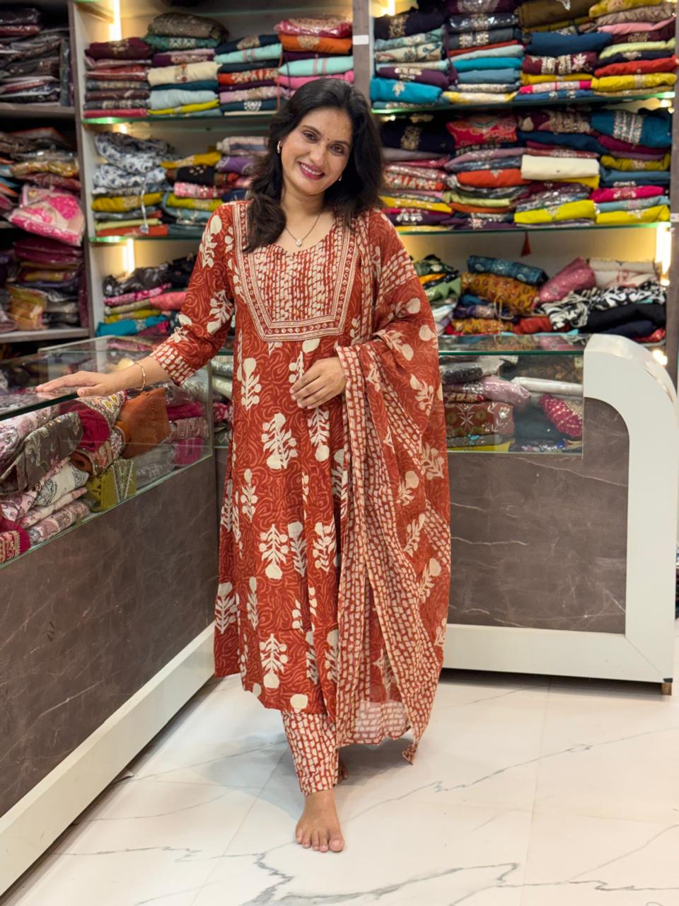 Patchwork design dress set -  Rust