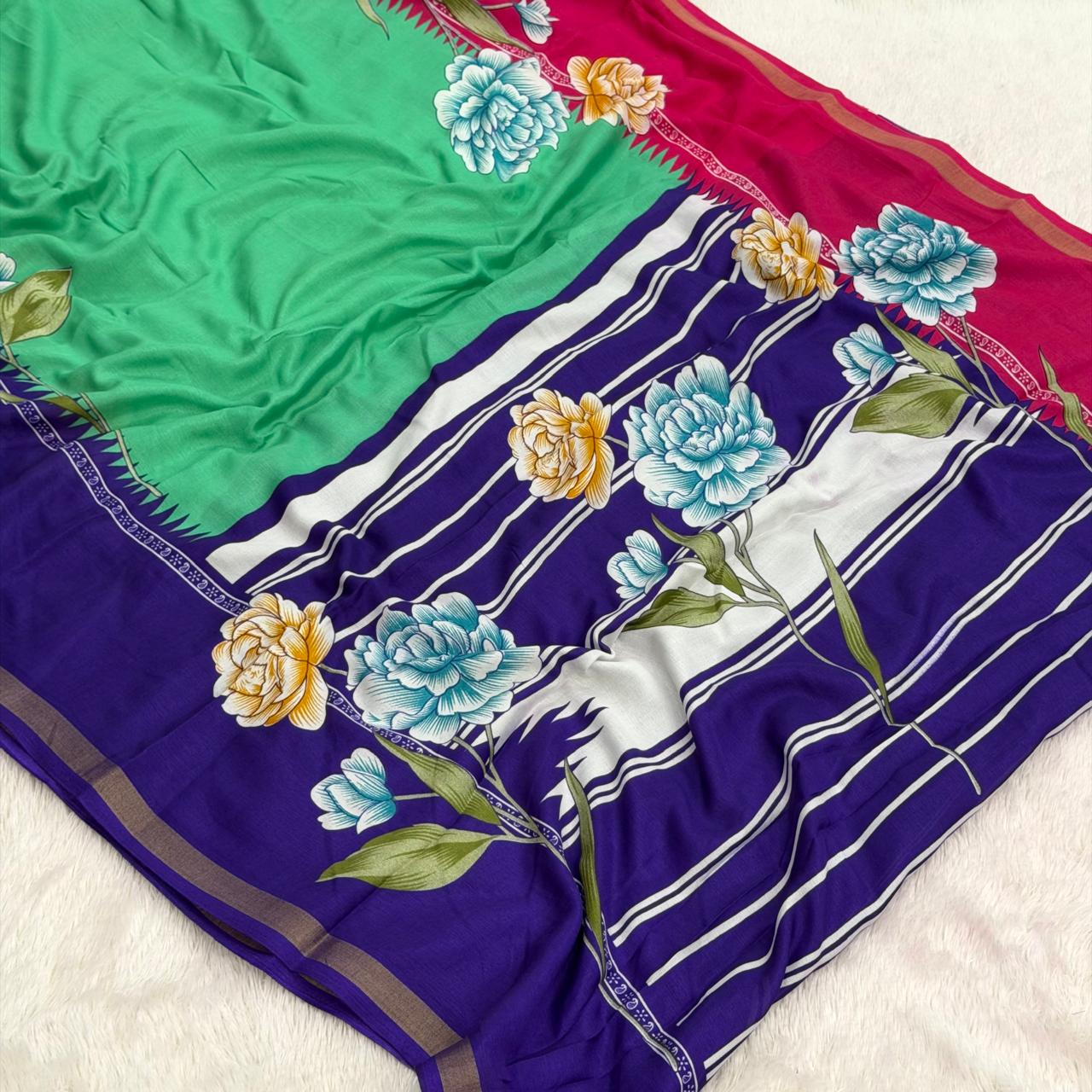 Mal cotton Printed Saree - Mint green