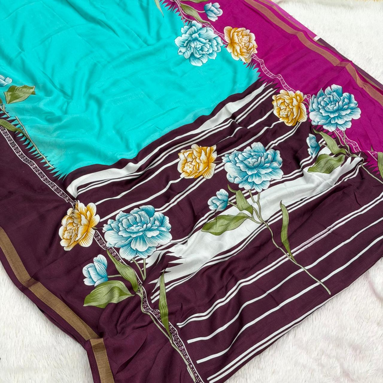 Mal cotton Printed Saree - Aqua Blue