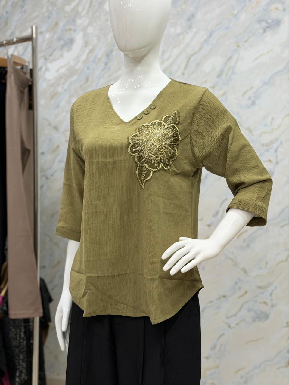 V- Neck Western Top-  Mehandi