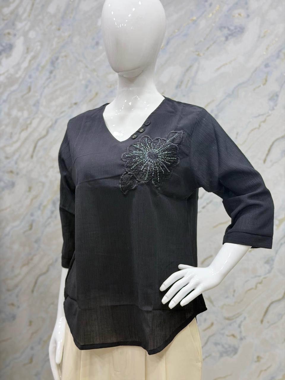 V- Neck Western Top-  Black