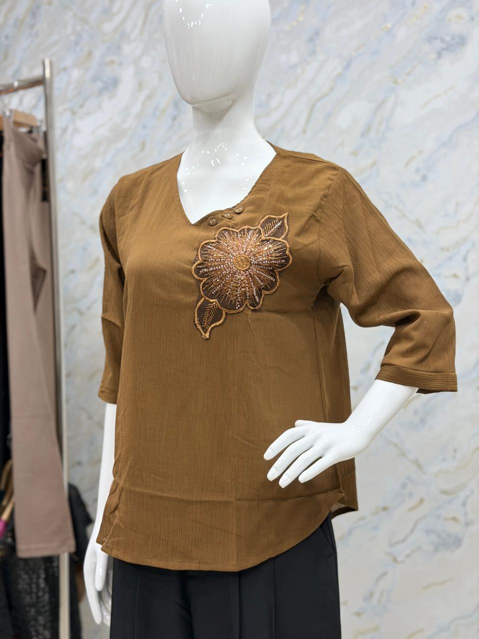 V- Neck Western Top- Coffee