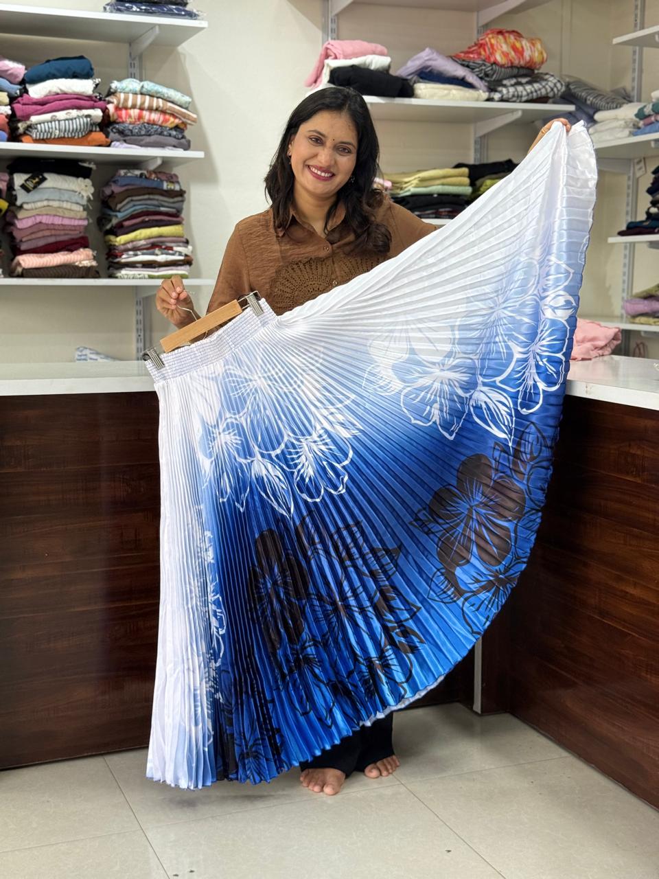 Satin plating fabric best skirt - White with blue