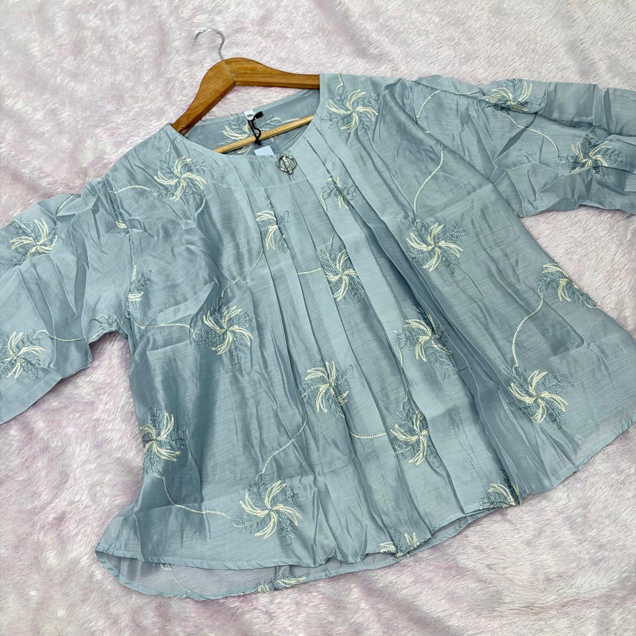 Chanderi Thread Work Short Kurti - Pastel  Blue