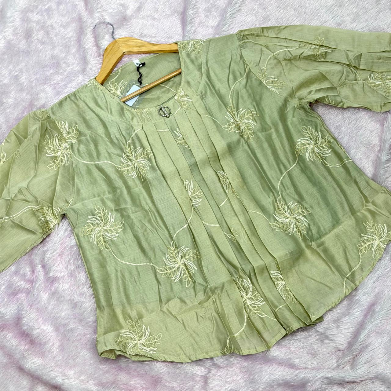 Chanderi Thread Work Short Kurti - Pista
