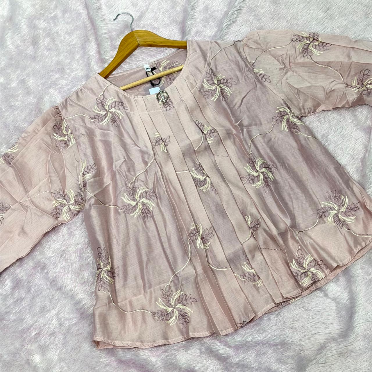 Chanderi Thread Work Short Kurti - Light Pink