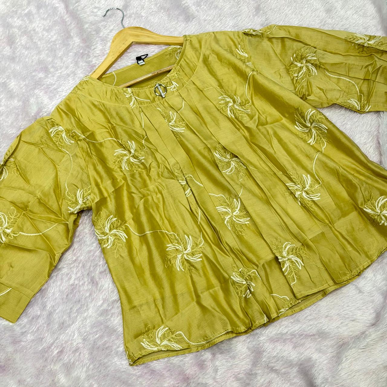 Chanderi Thread Work Short Kurti - Lemon Yellow