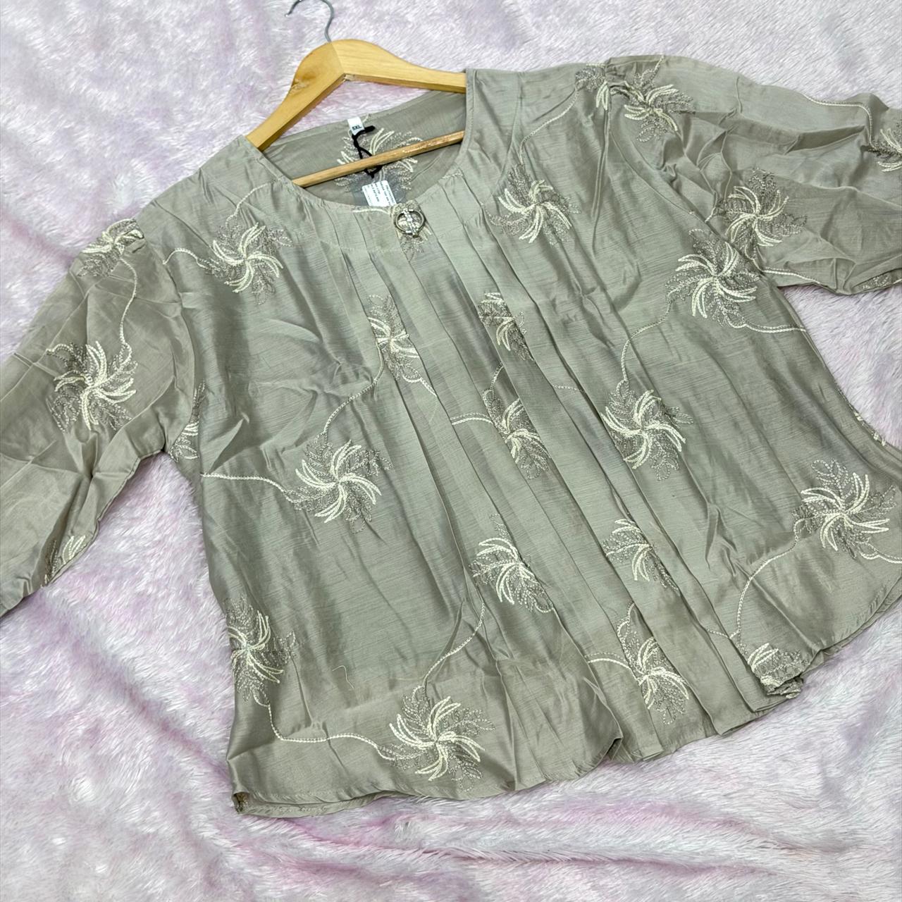 Chanderi Thread Work Short Kurti - Grey