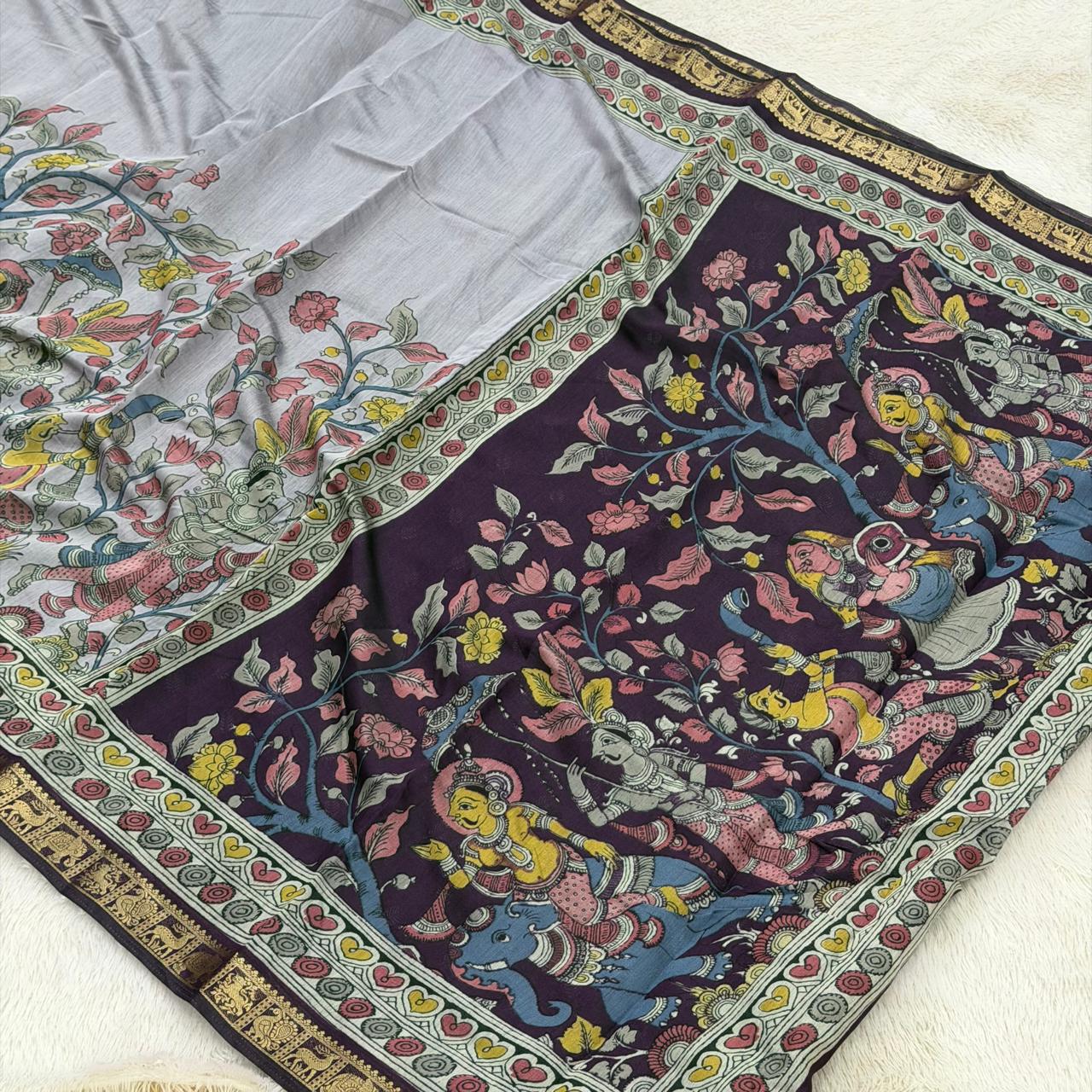 Digital Block Print Kalamkari Saree - Grey