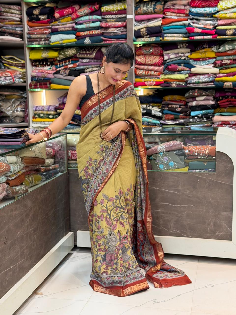 Digital Block Print Kalamkari Saree - Light Yellow