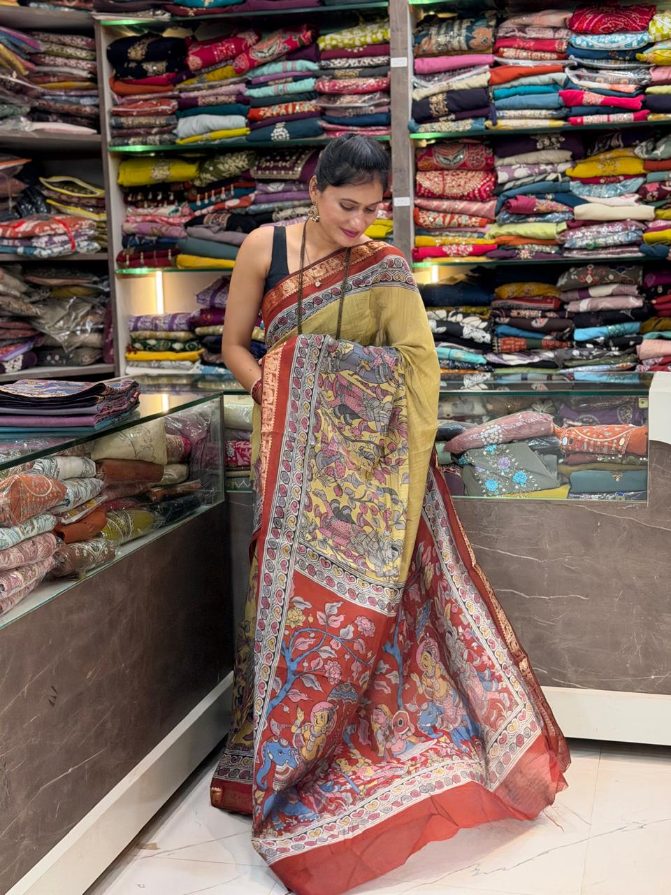 Digital Block Print Kalamkari Saree - Light Yellow