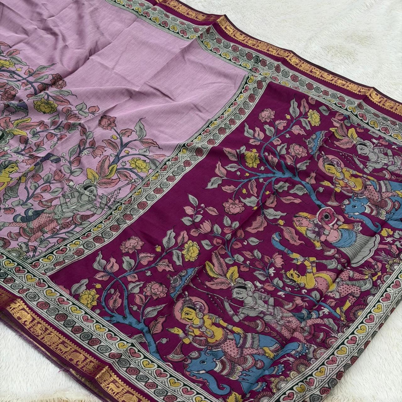 Digital Block Print Kalamkari Saree - Pink