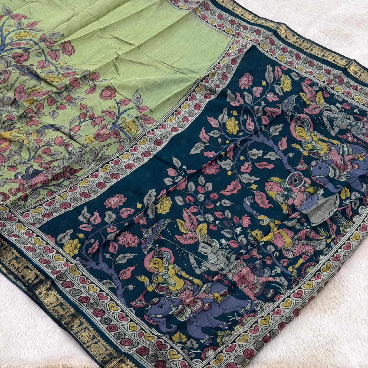 Digital Block Print Kalamkari Saree - Green