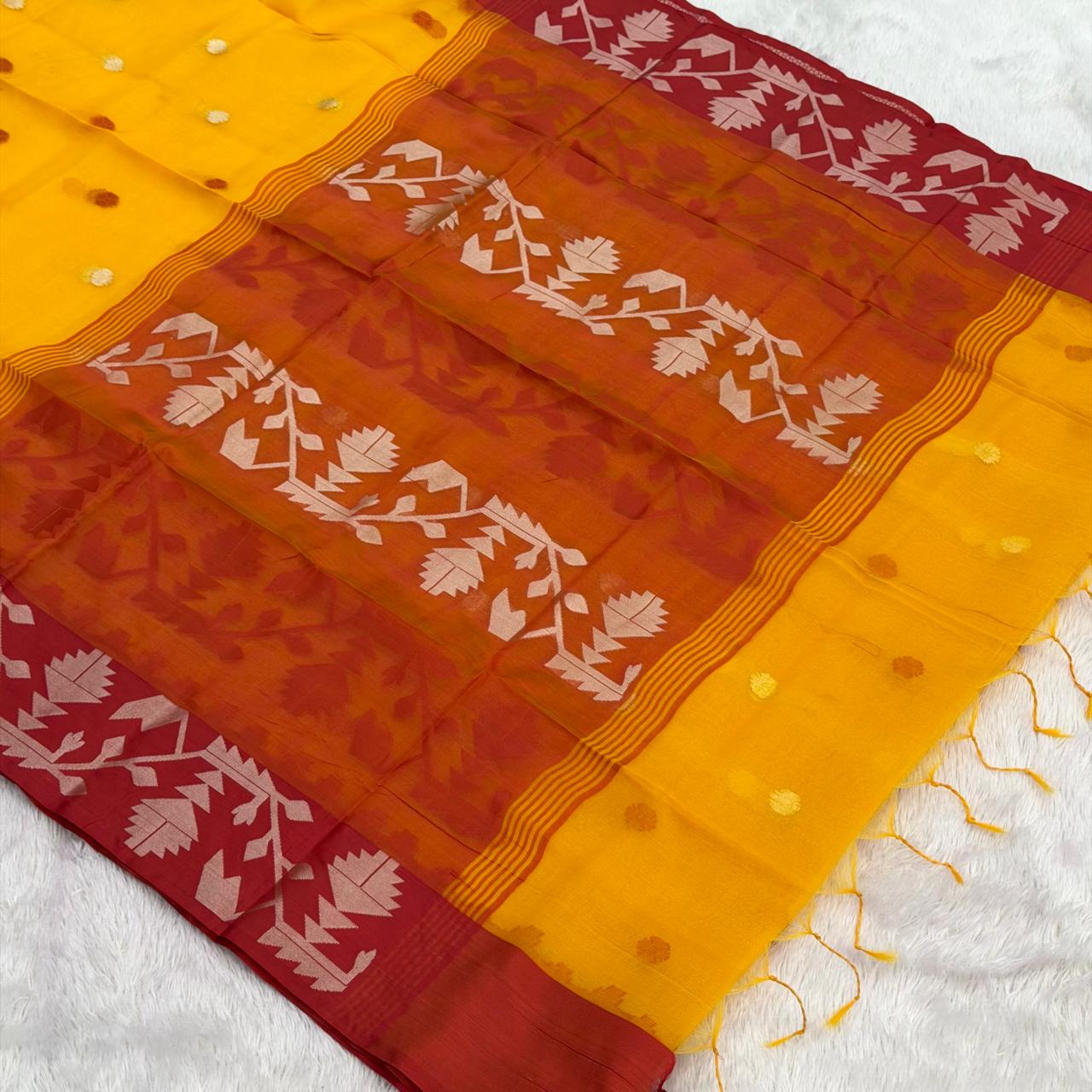 Jamdani Zari Organza Saree -  Turmeric  Colour