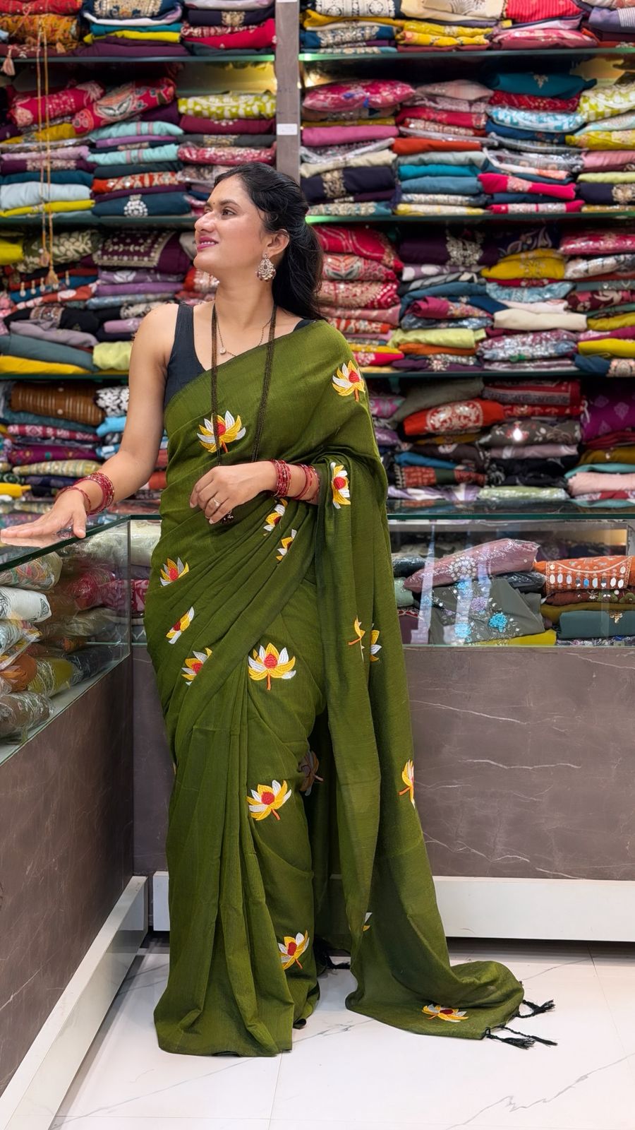Padma Mal Cotton Saree -  Green