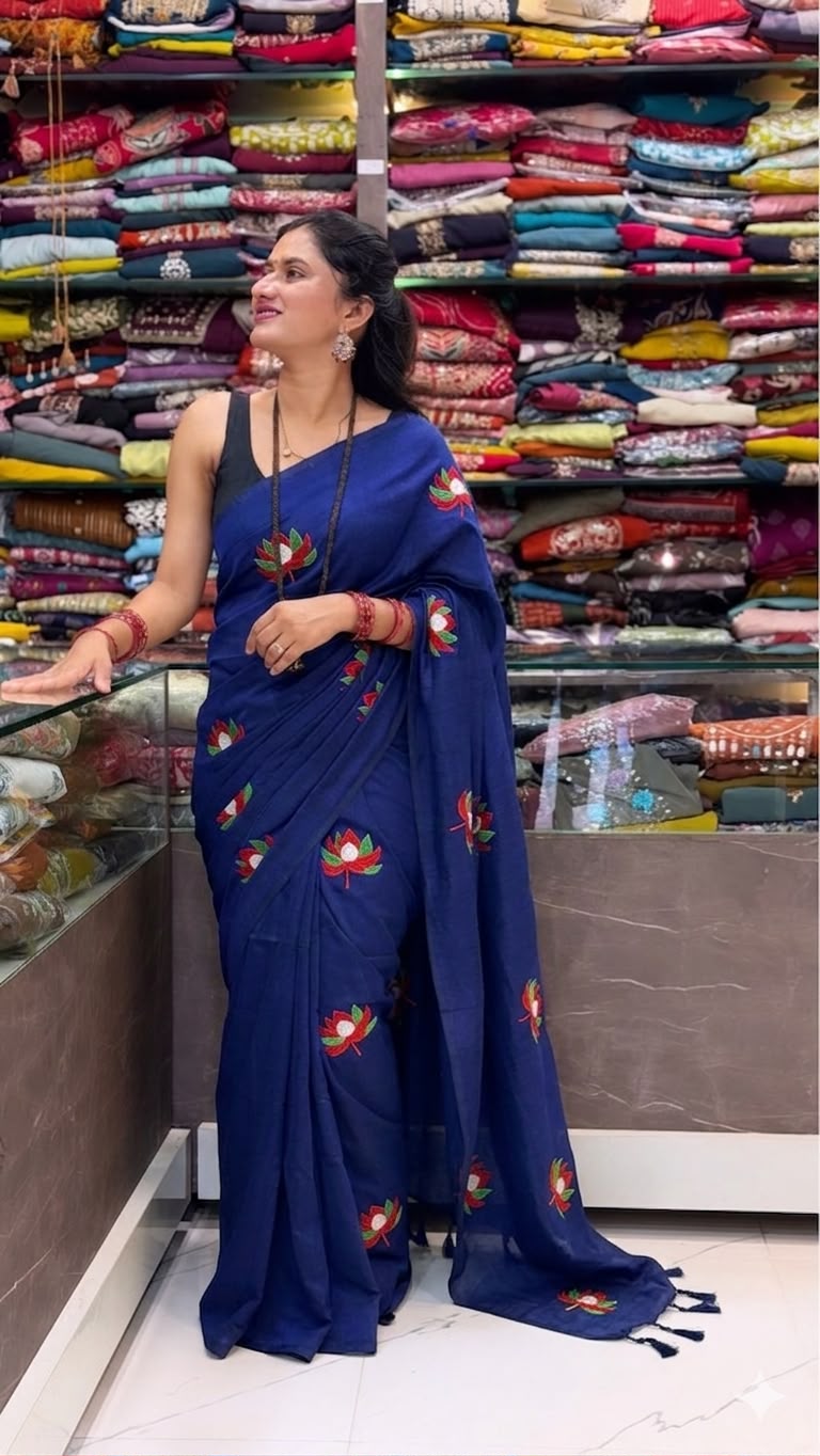 Padma Mal Cotton Saree -  Navy  Blue