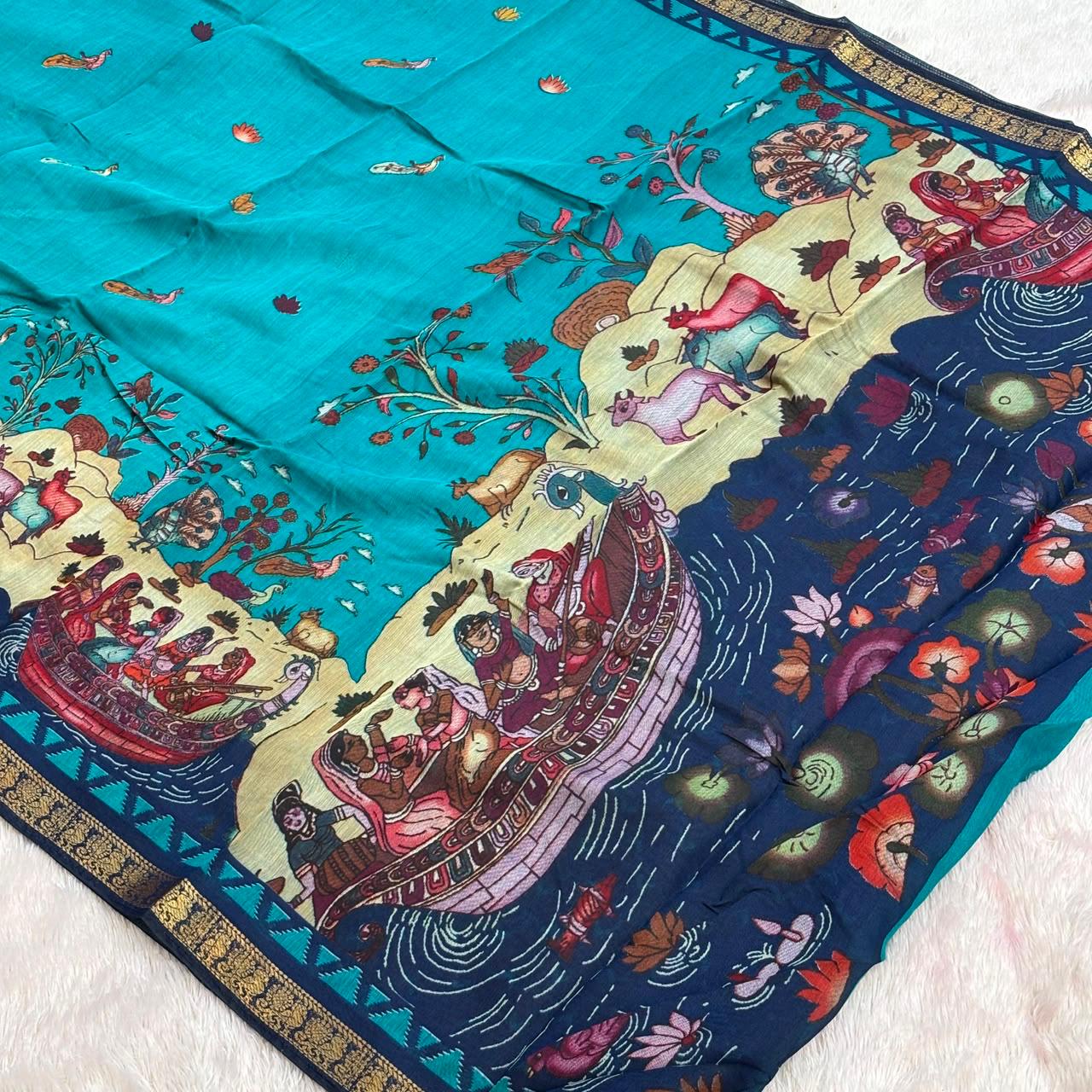Beautiful Print design Saree-  Blue