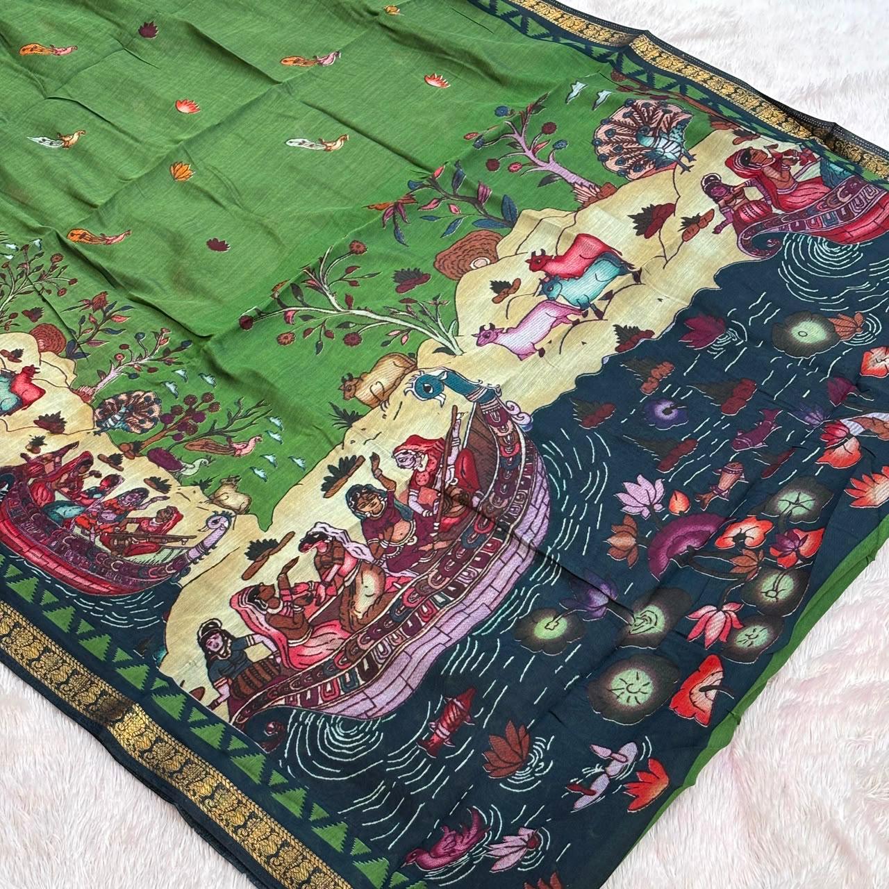 Beautiful Print design Saree-  Geeen