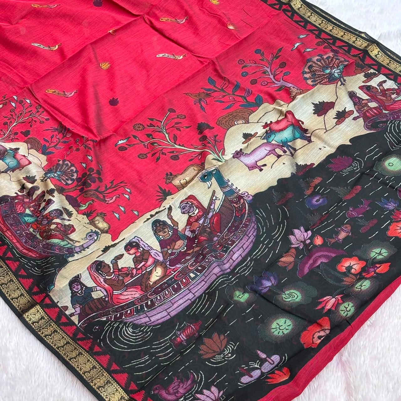 Beautiful Print design Saree-  Red