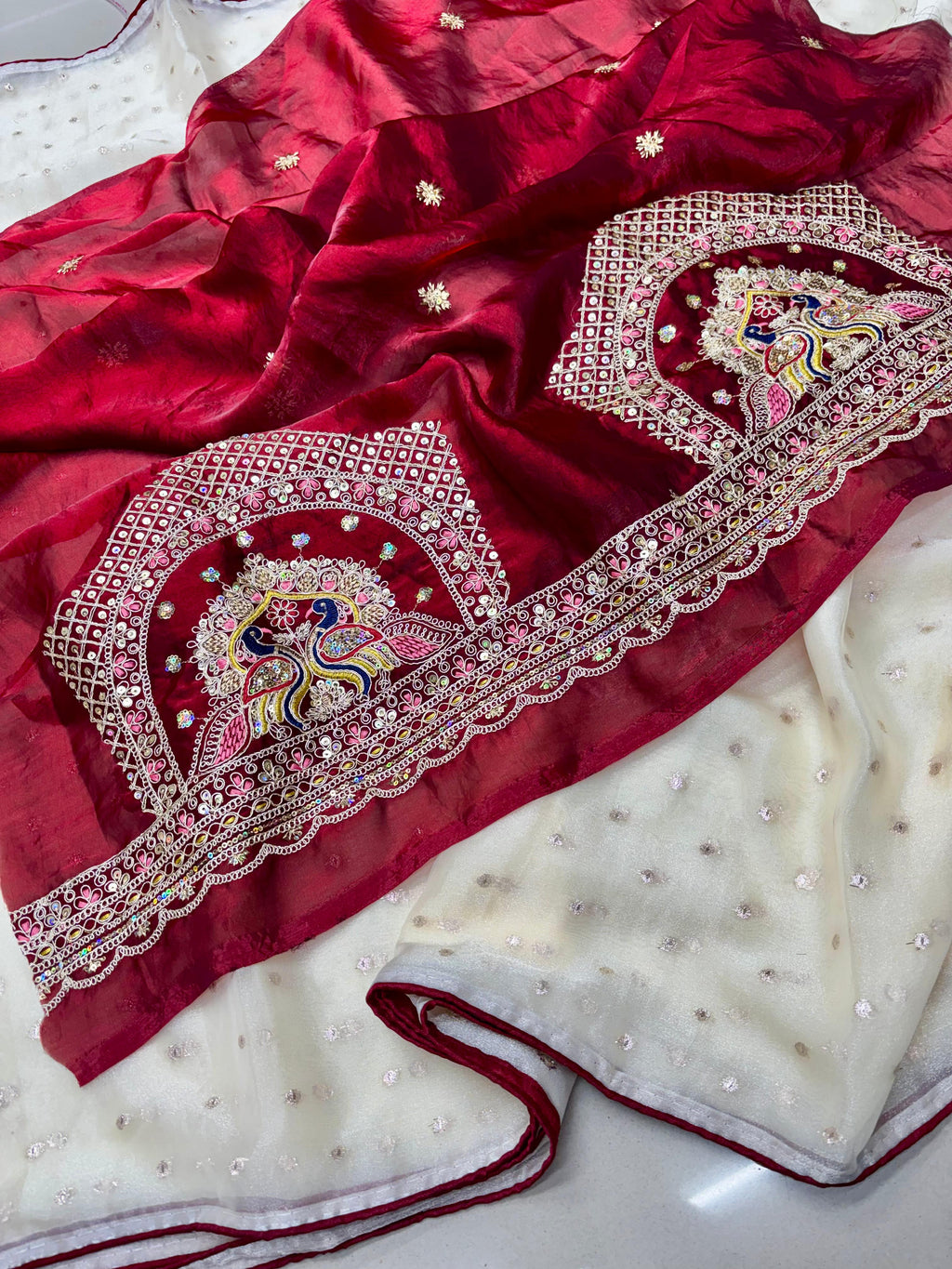 Radha Rani Soft Marshmallow Saree - Off White With  Red Combination
