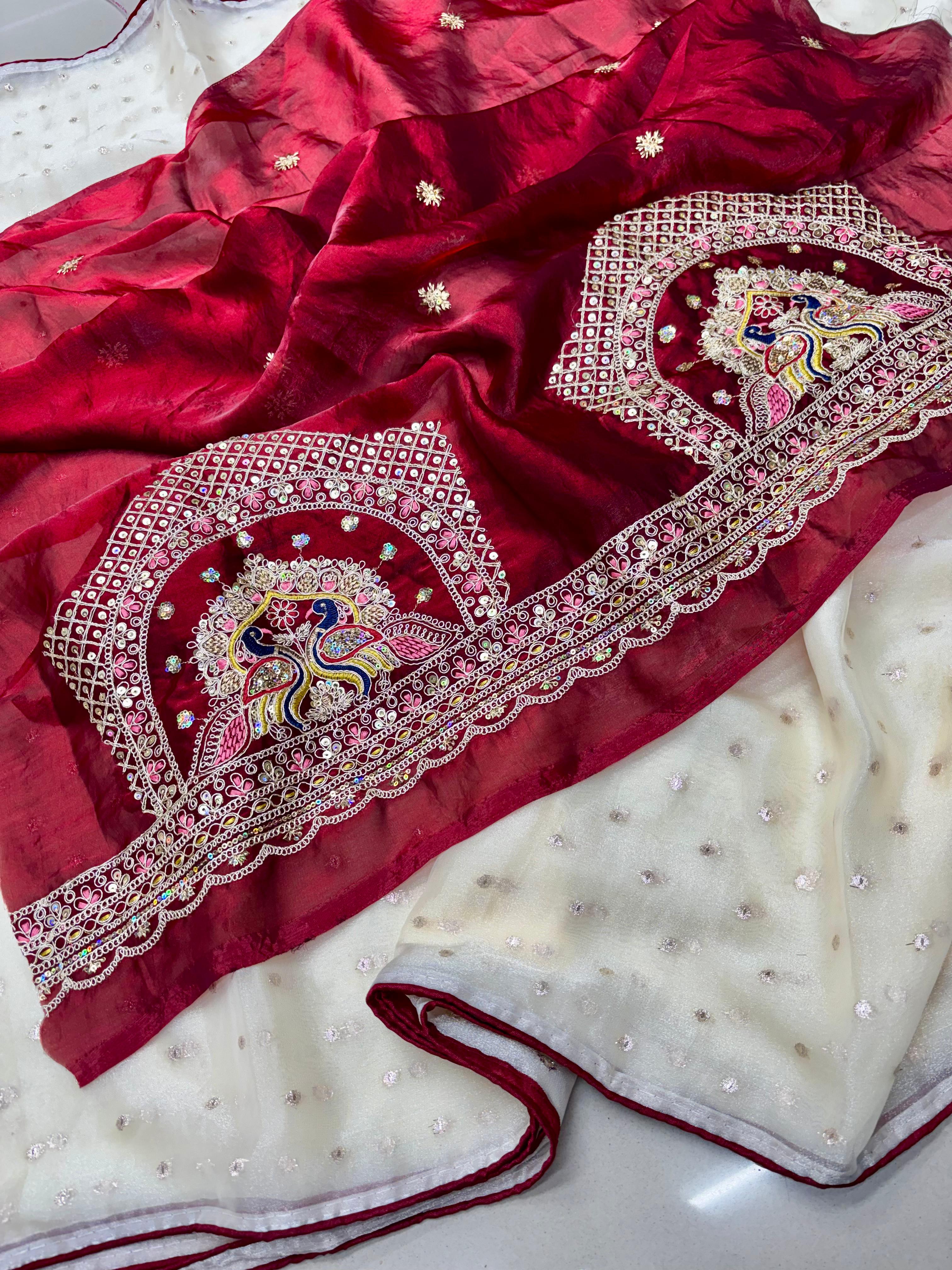 Radha Rani Soft Marshmallow Saree - Off White With  Red Combination