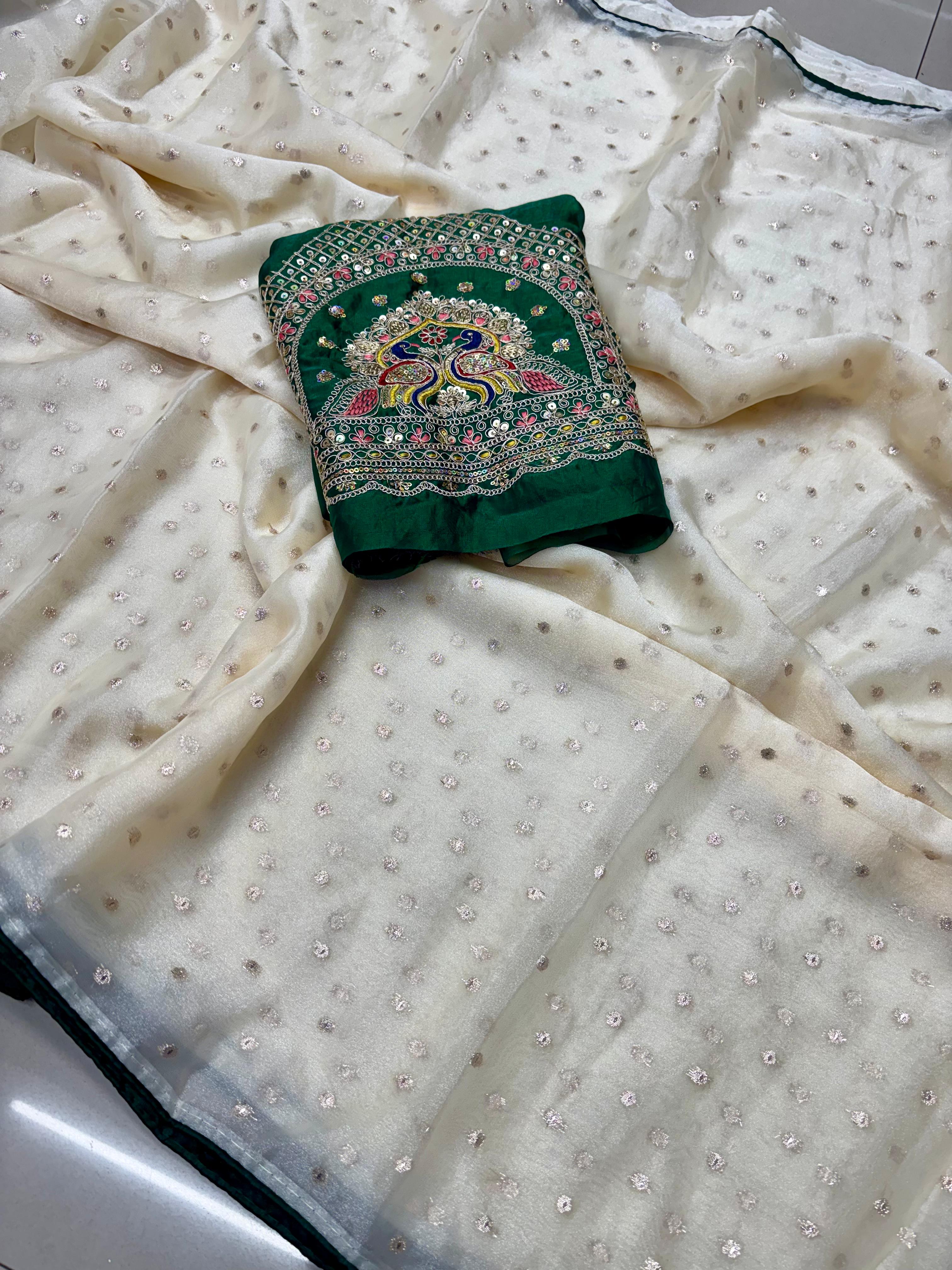 Radha Rani Soft Marshmallow Saree - Off White With Green