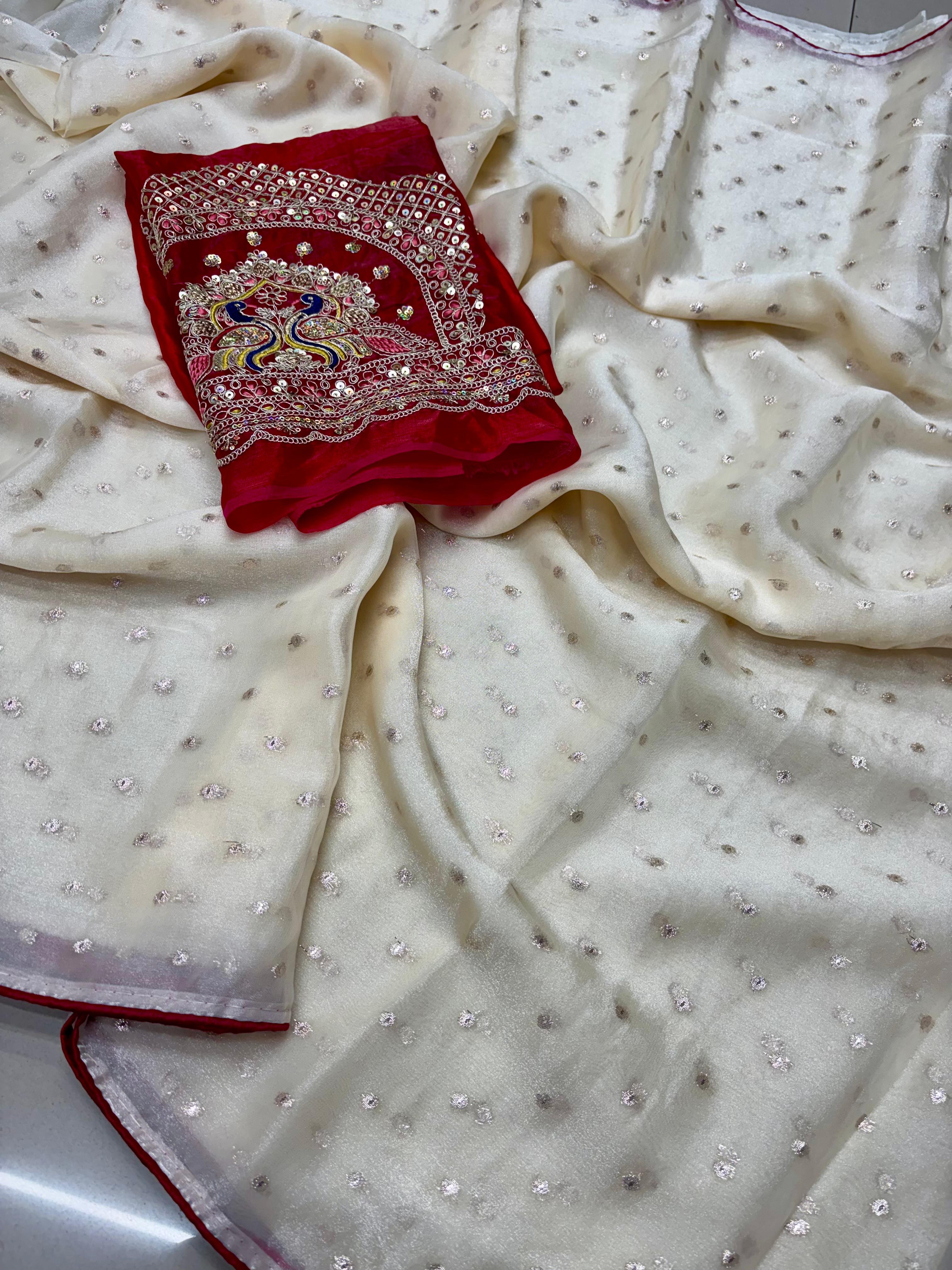 Radha Rani Soft Marshmallow Saree - Off White With  Red Combination