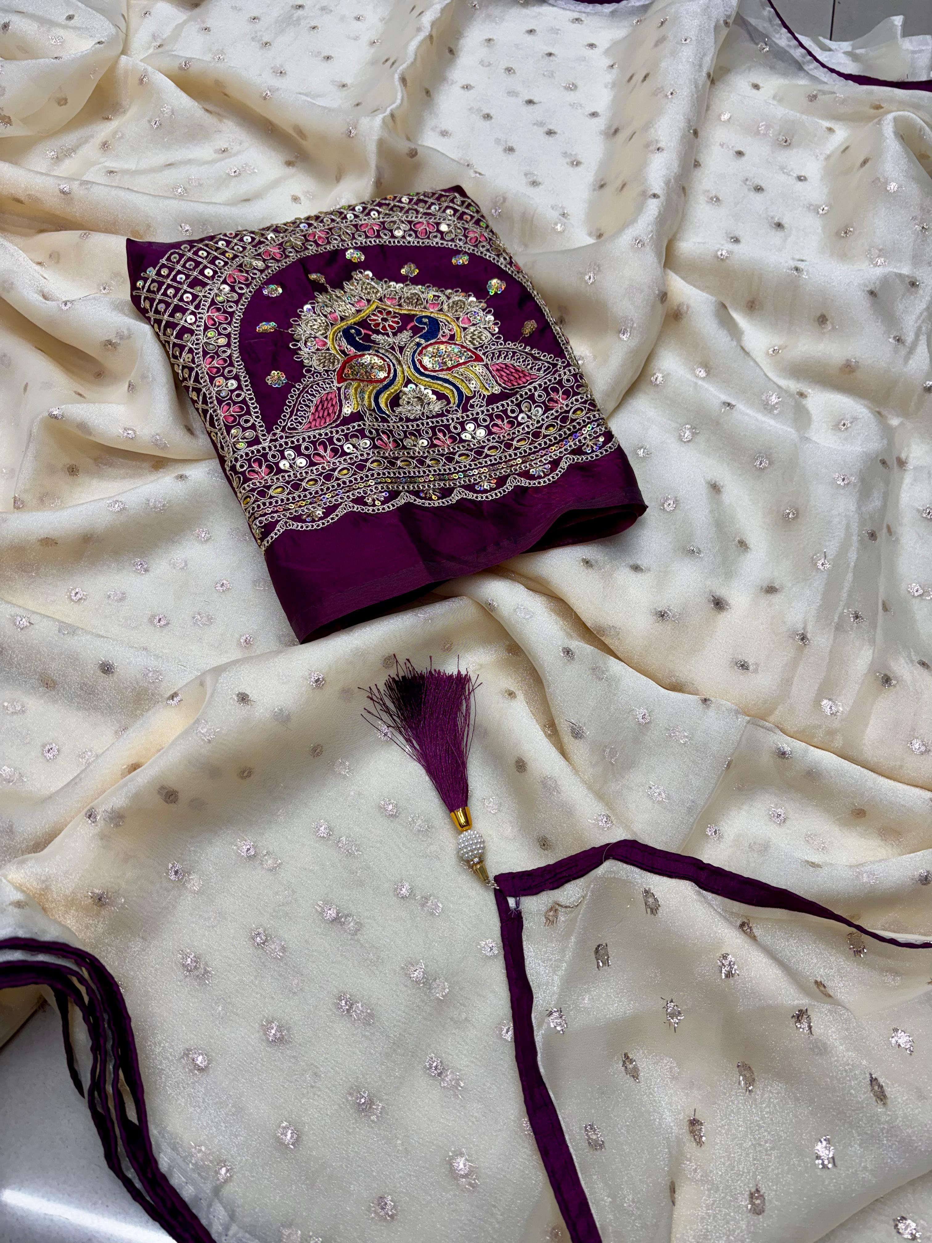 Radha Rani Soft Marshmallow Saree - Off White With Wine combination