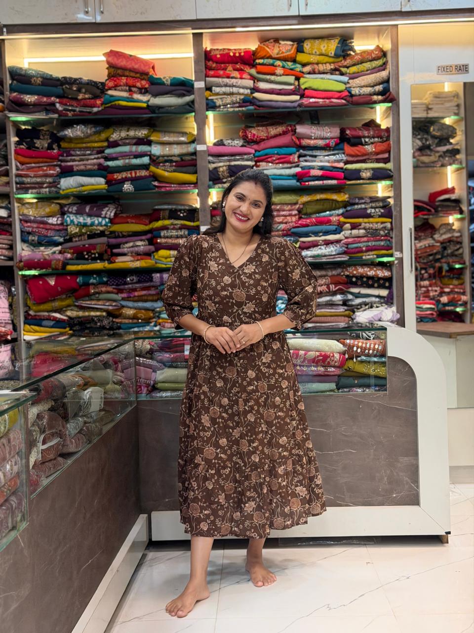 Jaipuri Cotton Feeding Midi Dress  - Coffee
