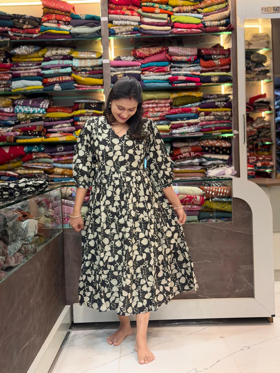 Jaipuri Cotton Feeding Midi Dress  - Black