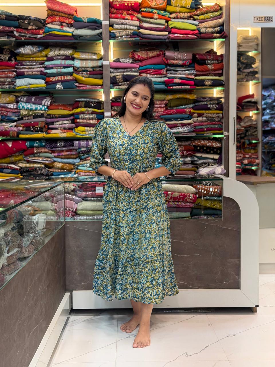 Jaipuri Cotton Feeding Midi Dress  -  Mehandi