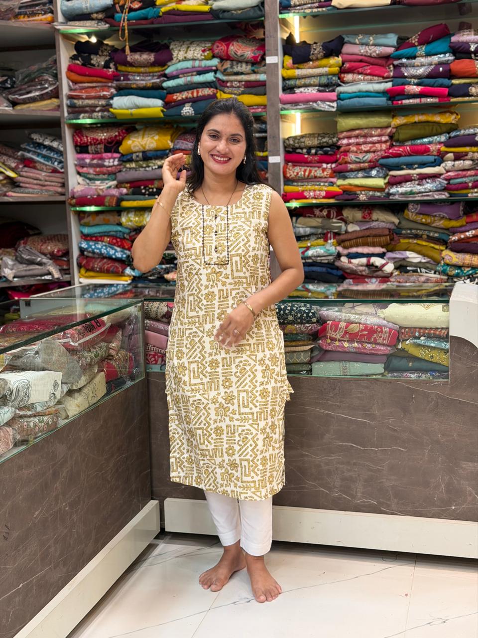 American Crepe Cotton Liner Kurti -  Yellow