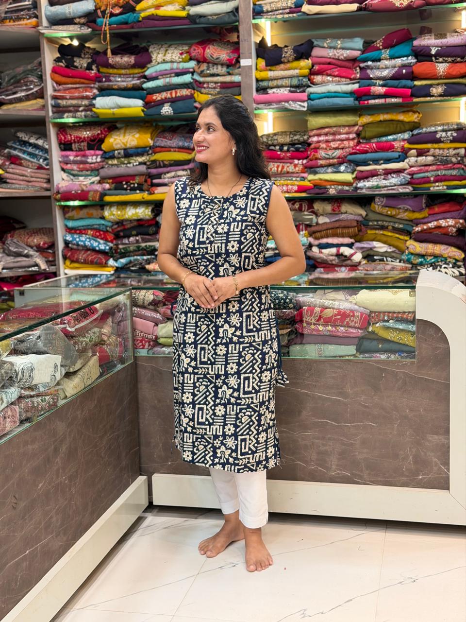 American Crepe Cotton Liner Kurti- Navy Blue