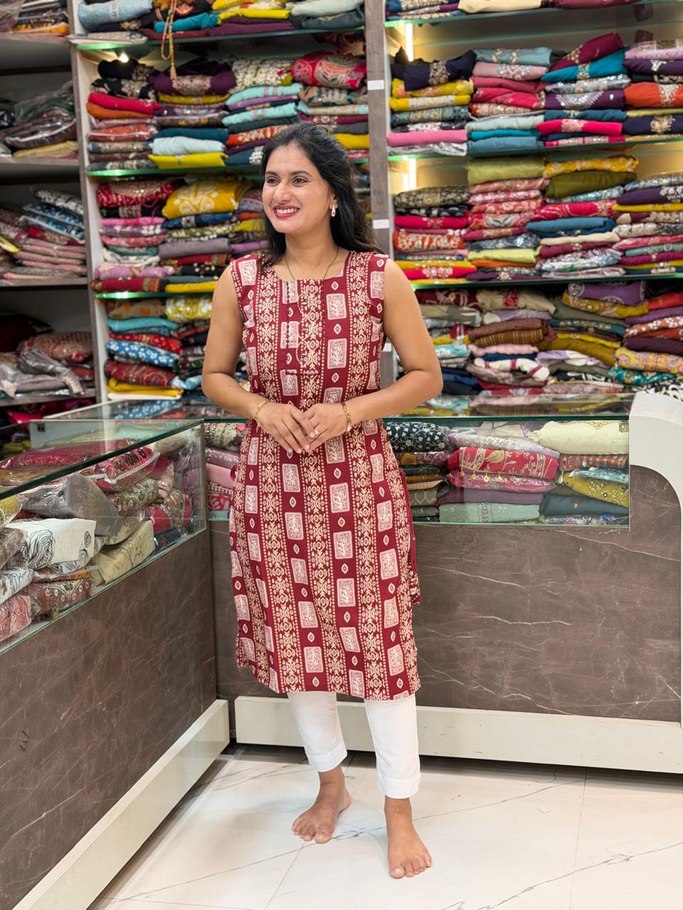 American Crepe Cotton Liner Kurti - Marron