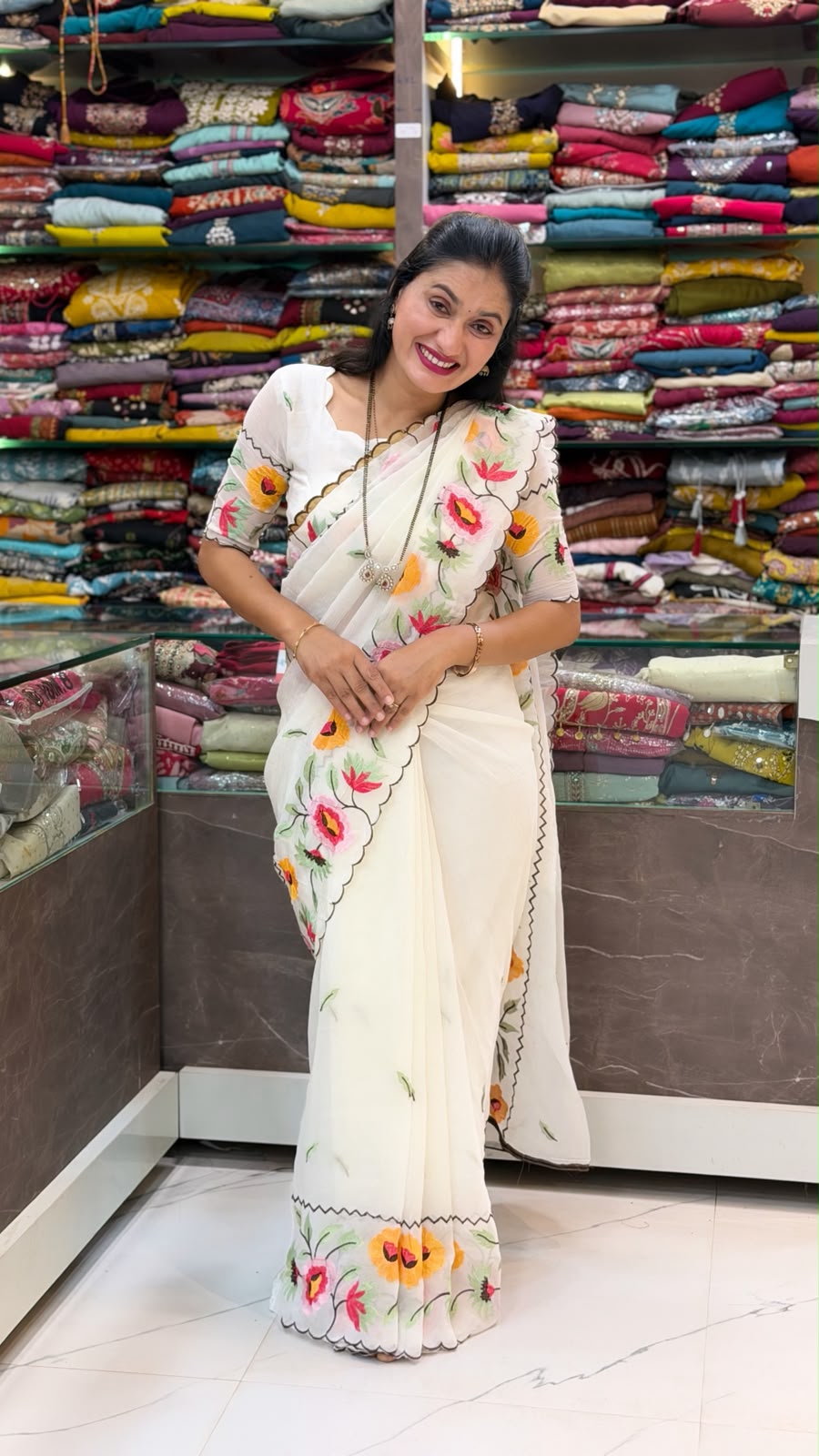 Floral Embroidery Saree - White